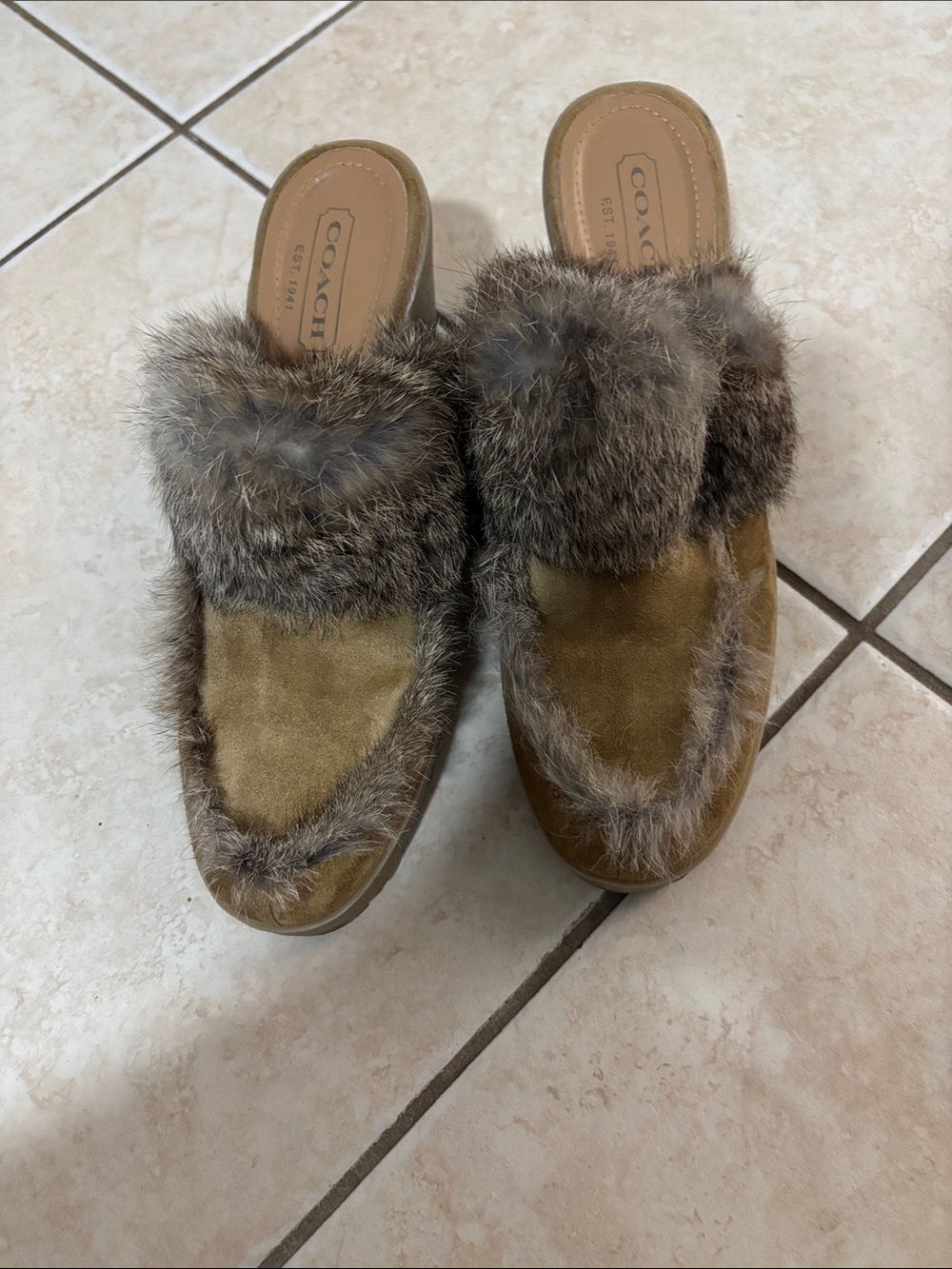 Coach Kaela Rabbit Fur Suede Mules/Wedges size 8